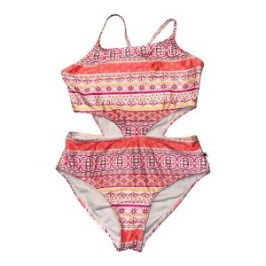 Lucky Brand Girls Swimsuit Size Medium One Piece Cutout Boho Pink Orange Tribal